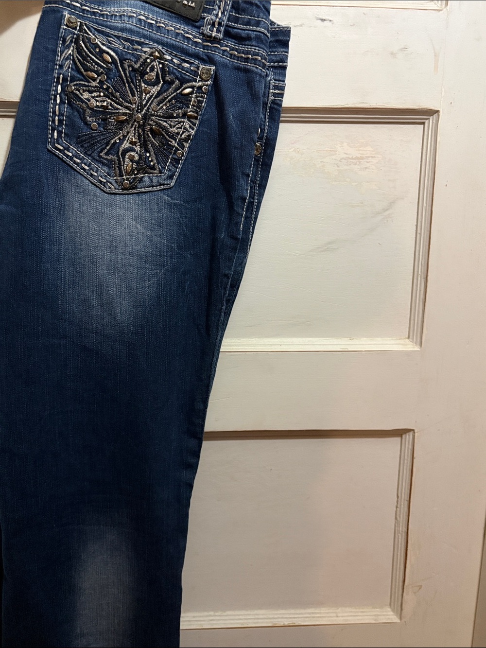 Ladies Dark Blue Embellished Pocket Jeans